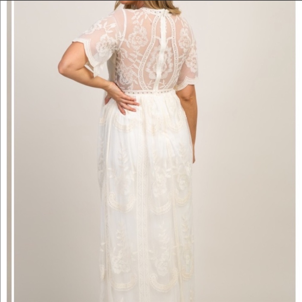 Pink Blush mesh overlay lace maternity dress